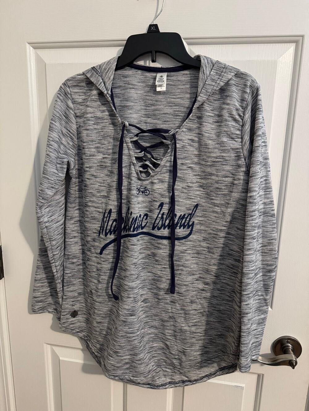 Salt Creek Mackinac Island Graphic Bicycle Logo Lace Up Hoodie Gray Blue M